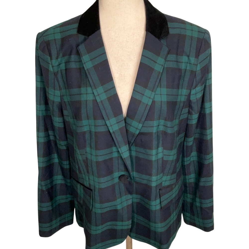 Talbots Blazer Women 14 Green Black Watch Plaid Wool Velvet Preppy Holiday